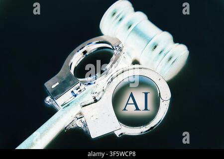 Futuristic legal technology concept featuring a judge's gavel and handcuffs with a prominent AI sign at the center. Blue and black cyber-style lightin Stock Photo