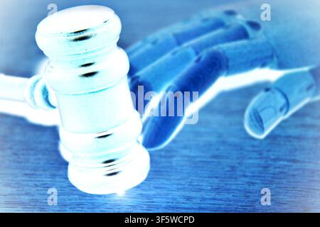 Close-up view of a robotic hand beside a judge gavel, symbolizing the connection between artificial intelligence, robotics, law, and modern justice. T Stock Photo