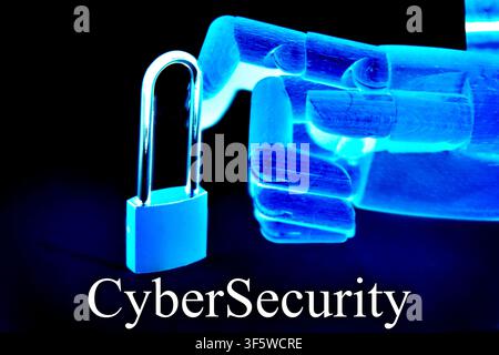 Close-up of a robotic hand holding a digital padlock labeled "Cybersecurity", representing data protection, artificial intelligence, online security, Stock Photo
