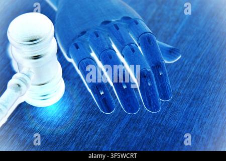 Side view of a robotic hand positioned next to a judge gavel, with a modern futuristic blue and black color style. The image represents the connection Stock Photo
