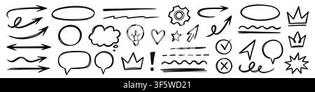 Arrow line icon hand drawn set. Hand drawn arrow line icon sketch marker brush sign highlight circle text. Check heart swirl balloon cursor business texture background. Vector illustration Stock Vector