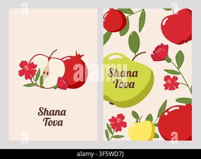 Two Rosh Hashanah greeting cards with apples, pomegranates, flowers, and green leaves, featuring Shana Tova text Stock Vector