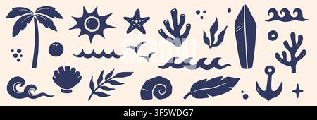 Icon summer abstract sea set. Hand drawn icon summer abstract sea beach wave sun mediterranean palm. Boho coral shell tropical vacation ocean travel vintage pattern. Vector illustration Stock Vector
