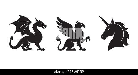 Black Silhouette Vector Set of Dragon Griffin and Unicorn Fantasy Creature Illustrations Stock Vector