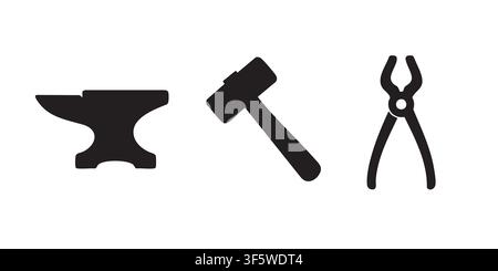 Black Silhouette Vector Set of Anvil Hammer and Pliers Blacksmith Tool Illustrations Stock Vector