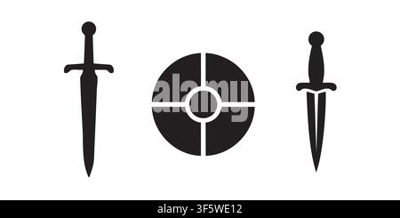 Black Silhouette Vector Set of Dagger, Shield Target and Sword Medieval Illustration Stock Vector