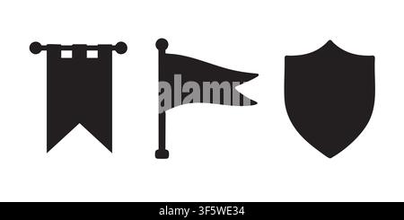 Black Silhouette Vector Set of Medieval Banner Flag and Shield Heraldry Illustrations Stock Vector