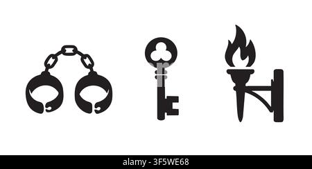 Black Silhouette Vector Set of Handcuffs, Key and Lock Medieval Icons Stock Vector