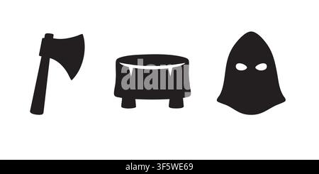 Black Silhouette Vector Set of Axe, Cauldron and Hooded Figure Medieval Icons Stock Vector