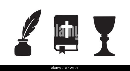Black Silhouette Vector Set of Quill Ink, Bible and Chalice Goblet Icons Stock Vector