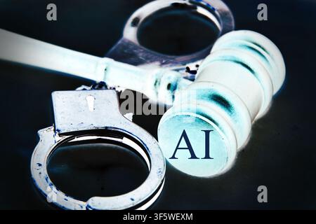 Close-up conceptual image of metallic handcuffs placed next to a judge's gavel featuring the inscription "AI" on the hammer. The scene is set on a dee Stock Photo