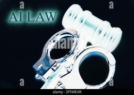 Close-up conceptual image of a judge's gavel with metallic handcuffs wrapped around the hammer, featuring the words "AI LAW". The composition is set a Stock Photo