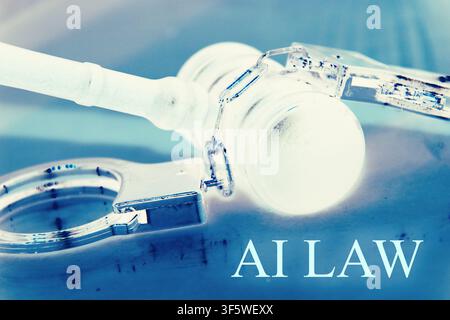 Close-up futuristic image of a judge's gavel with metallic handcuffs wrapped around the hammer, displaying the text "AI LAW". The scene is enhanced wi Stock Photo