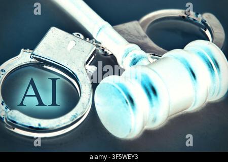 Close-up conceptual image of a judge's gavel with metallic handcuffs rotated and wrapped around the hammer, displaying the word "AI". The image repres Stock Photo