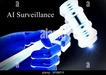 Close-up futuristic concept image of a robotic hand holding a judge's gavel featuring the word "Surveillance". The composition represents the growing Stock Photo