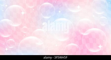 Pink soft gradient background with flying soap bubbles and checkered layout. Vector transparent foam drops on magic iridescent backdrop for y2k modern Stock Vector