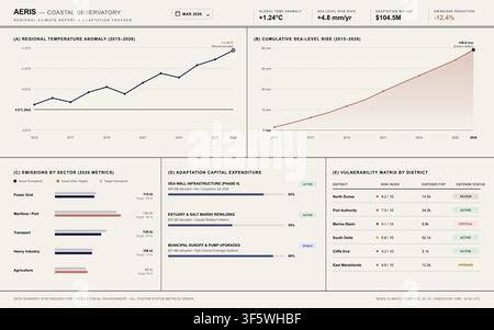 Modern vector interface displaying environmental metrics, climate change statistics, and regional adaptation tracking data. Stock Vector