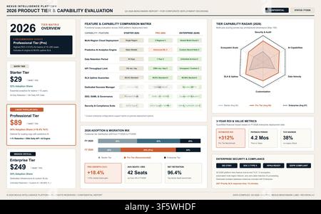 Professional business dashboard displaying software pricing tiers, capability matrices, and data analytics for corporate decision-making. Stock Vector