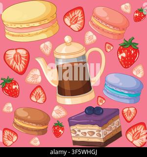 Colorful flat vector illustration of desserts coffee and fruit on a pink background. Stock Vector