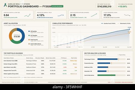 Professional desktop interface displaying wealth management analytics, stock market data, and financial growth metrics. Stock Vector