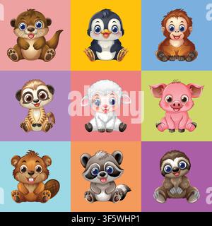 Flat vector illustration of nine smiling baby animals arranged in a colorful square grid. Stock Vector