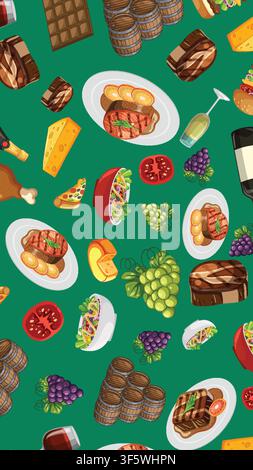 Flat vector illustration of assorted gourmet food items arranged in a seamless repeating pattern. Stock Vector