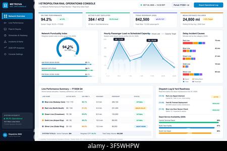 Modern digital interface displaying public transport performance metrics, fleet status, and passenger load statistics. Stock Vector
