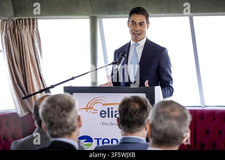 ANTWERP - Prime Minister Rob Jetten speaks at the opening of Brabo III, an infrastructure project to strengthen the Belgian high-voltage grid in and around the Port of Antwerp. The goal is to guarantee the supply to the region and facilitate the exchange of electricity with the Netherlands. ROBIN VAN LONKHUIJSEN / ANP netherlands out - belgium out Credit: ANP/Ģ����ý Live News Stock Photo