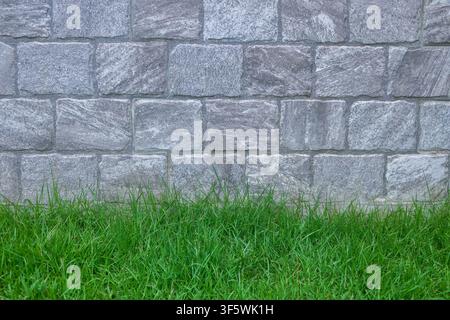 green grass with gray stone brick background. Stock Photo