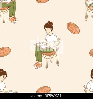 Sensory Wobble Cushion Seamless Pattern. Balancing Disc on Chair with Reading Girl on Beige Background. Vector illustration. ADHD Student Calming Orna Stock Vector