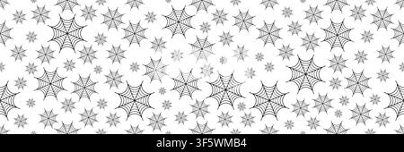 horizontal seamless black spider web on white for pattern and background. Stock Vector