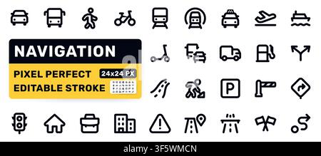 Transport Navigation line icon set. Car, bus, train, airplane, parking, highway road pictogram minimal vector illustration. Simple bold outline sign Stock Vector
