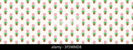 horizontal seamless pink flower with green leaves and flowerpot on square dashed line background. Stock Vector