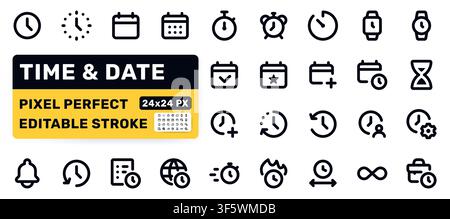 Time, Date line icon set. Clock, calendar, alarm, stopwatch, timer, working hours pictogram minimal vector illustration. Simple bold outline sign, web Stock Vector