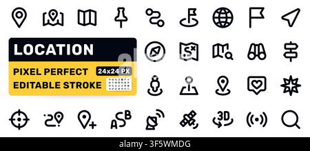 Location, Navigation line icon set. Map, GPS pin, route, compass, satellite, direction pictogram minimal vector illustration. Simple bold outline sign Stock Vector