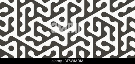 Seamless geometric maze pattern. Abstract black and white monochrome ornament with smooth rounded lines, dots and triangular shapes. Modern vector Stock Vector