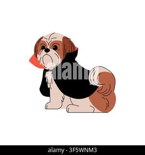 Cute Shih Tzu dog dressed as a vampire in a black cape with red collar, sitting in a simple cartoon style and isolated on a clean white background. Stock Vector