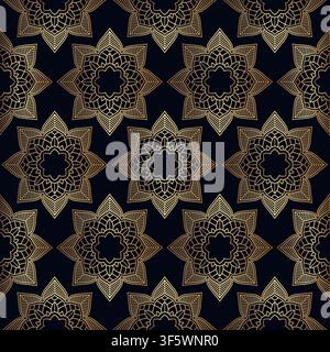 Golden mandala pattern design on a navy blue background Stock Vector