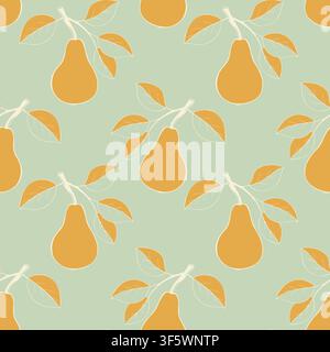 Sweet pear branches seamless pattern in mustard yellow and sage green palette for kitchen textile, nursery wallpaper, fruit packaging and summer apparel. Vector illustration Stock Vector