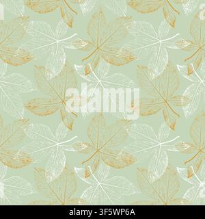 Wild grape leaves skeleton stamp prints seamless pattern in sage green, ocher and white palette for organic cosmetics packaging, winery branding, textile design and home decor. Vector illustration Stock Vector