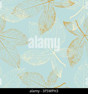 Wild grape leaves skeleton stamp prints seamless pattern in light blue, ocher and beige palette for delicate summer textile, organic cosmetics packaging, wellness branding and coastal home decor. Vector illustration Stock Vector