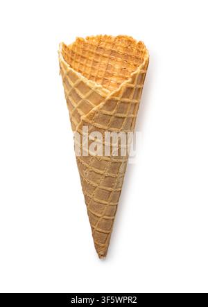 Empty waffle ice cream cone isolated on white background, vertical shot Stock Photo