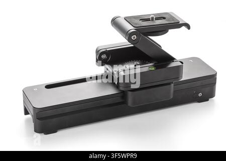 Motorized stereo macro rail with flex tilt head isolated on white background Stock Photo