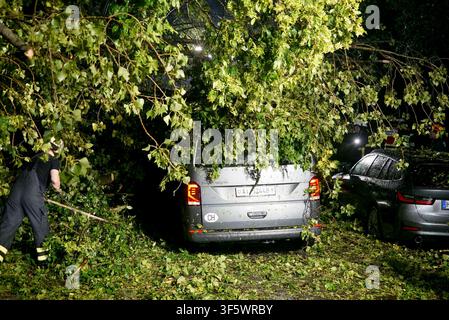 CNTV/UNFALL- Unfallort Polizei und Feuerwehr im Rettungs einsatz.Schweizer Grossfamilie wird in ihrem Transporter unter einem Baum eingeklemmt - E-Call System alarmiert die Rettungskräfte 04.08.2026 Hamburg - Eilbek Insgesamt 7 verletzte Personen Eine riesengroßen Schutzengel hatte eine sich auf Urlaub befindliche schweizer Großfamilie am Dienstag morgen im Hamburger Stadtteil Eilbek. Während der Fahrt stürzte in der Strasse Eilbektal aufgrund eines lokalen Unwetters ein riesiger Baum auf ihr Fahrzeug und zerstörte dabei den Bereich der Windschutzscheibe und des Daches vollständig. Die Familie Stock Photo