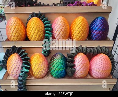 3D printed different art objects. Objects printed on 3D printer from melted colored plastic. Multicolored models created on 3D printer from threads of molten plastic. Modern new additive technologies Stock Photo