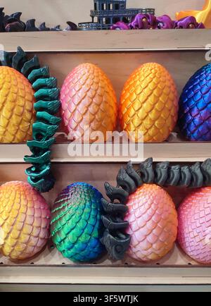 3D printed different art objects. Objects printed on 3D printer from melted colored plastic. Multicolored models created on 3D printer from threads of molten plastic. Modern new additive technologies Stock Photo