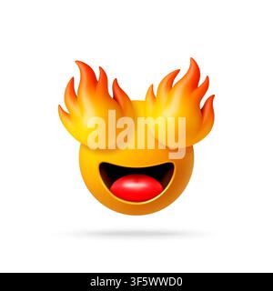 Yellow 3d emoji face with flaming eyes. Stock Vector