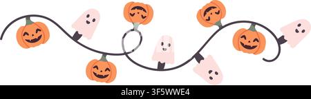 Halloween string lights with pumpkin and ghost. Cute hand drawn vector illustration isolated on background Stock Vector