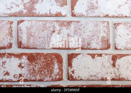 Whitewashed red brick wall, weathered plaster texture and rustic masonry background for construction, renovation, industrial interiors and architectural design. Stock Photo