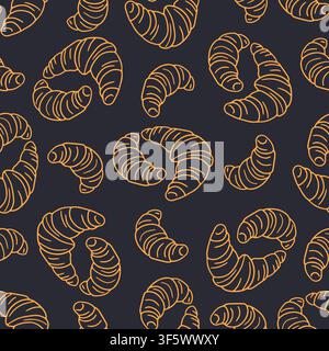 Cottage core croissants doodle icons seamless pattern on dark blue background. Cozy rustic pastry line art wallpaper vector Stock Vector